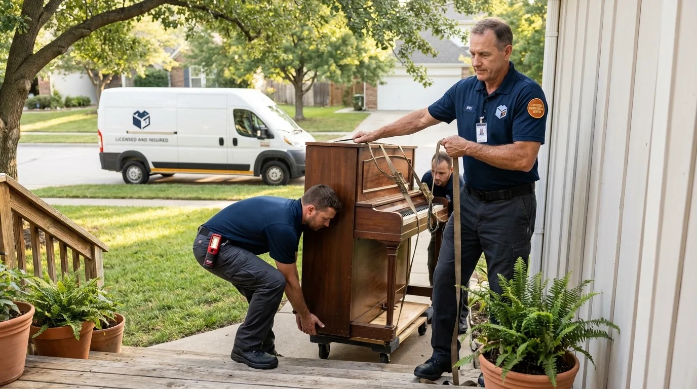 Licensed piano movers securing grand piano in Socorro, NM