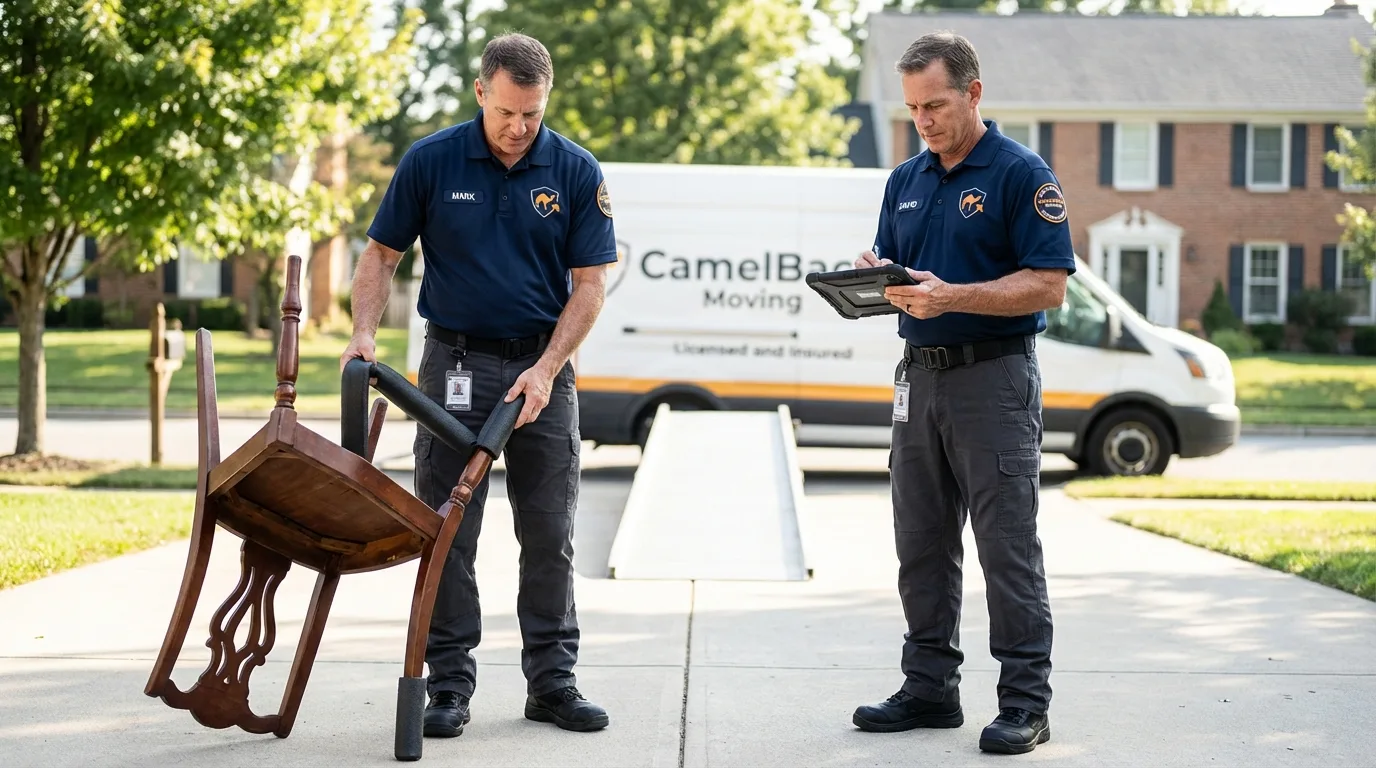 Movers inspecting furniture for damage prevention before loading in Socorro, NM